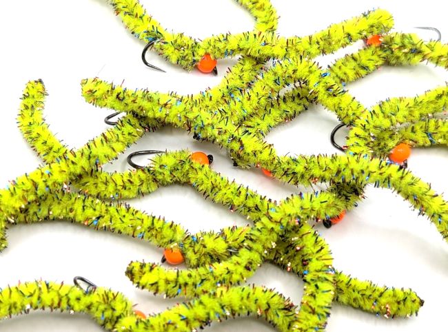 Shimmy worm , mosaic Yellow/Orange.#10 barbless [shim14]