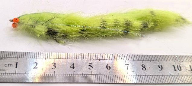Snake fly-Tiger barred Chartreuse /Green ,Orange hot head  [# 10 barbed SF 22]