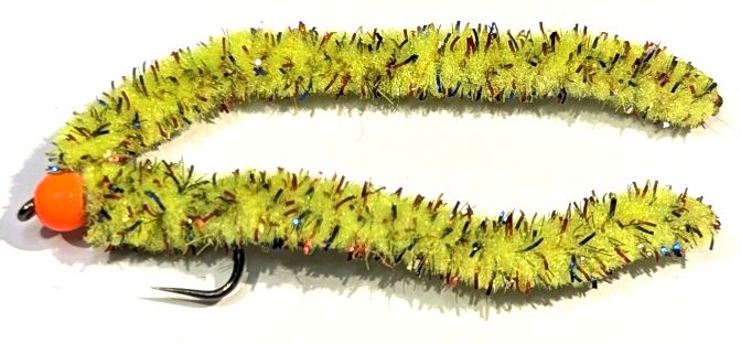 Shimmy worm , mosaic Yellow/Orange.#10 barbless [shim14]
