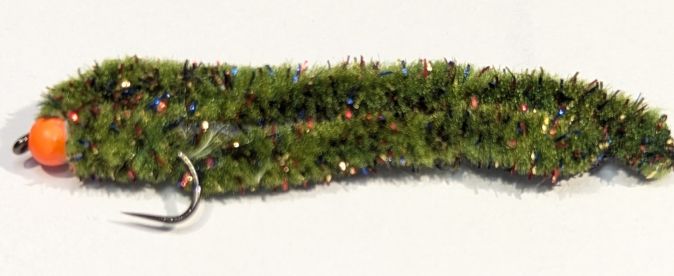 Shimmy worm , mosaic olive /Orange .#10 barbless [shim10]