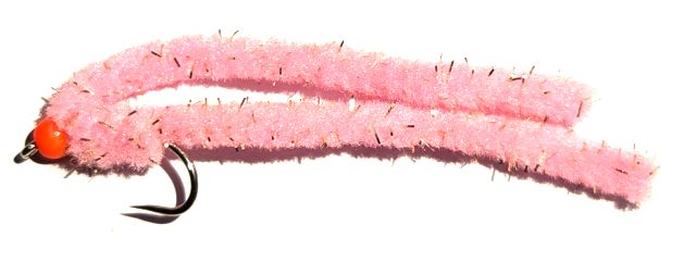 Shimmy worm Pink Coral /Orange bead .#10 barbless GF chenille shim37