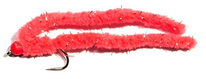Shimmy worm Flu Red /Red bead .#10 barbless GF chenille shim38