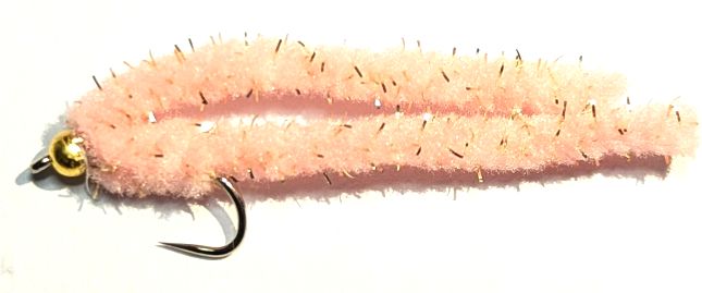 Shimmy worm Flesh /Gold bead .#10 barbless A1 Trout Flies shim40