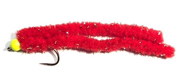 Shimmy worm Blood Red /Yellow bead .#10 barbless A1 Trout Flies shim41