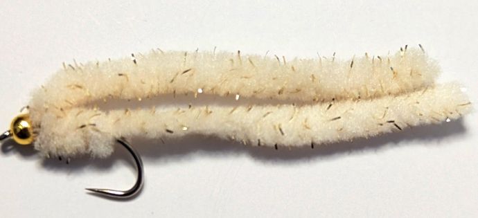 Shimmy wormBiscuit/Gold bead .#10 barbless A1 Trout Flies shim42