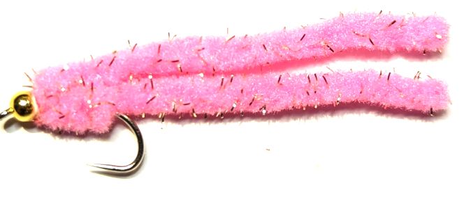 Shimmy worm Flu Pink/Gold bead GF4.#10 barbless A1 Trout Flies shim43
