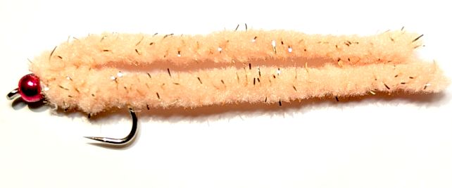 Shimmy worm FLU Peach/Rainbow bead GF4.#10 barbless A1 Trout Flies shim45