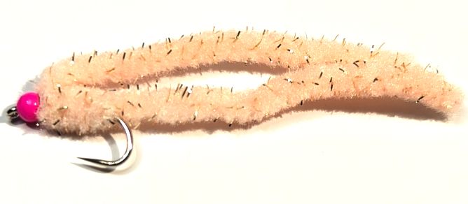 Shimmy worm Light Peach / Pink bead GF4.#10 barbless A1 Trout Flies shim48