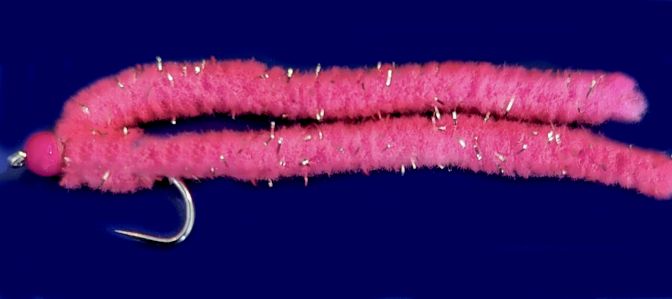 Shimmy worm Hot Watermelon / Pink bead GF4.#10 barbless A1 Trout Flies shim46