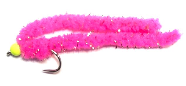 Shimmy worm Hot Pink / Yellow bead GF4.#10 barbless A1 Trout Flies shim44