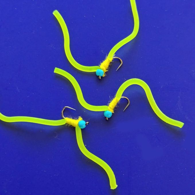 Squirmy Wormy ,FL yellow with a blue head, barbless ,twin tailed BL152