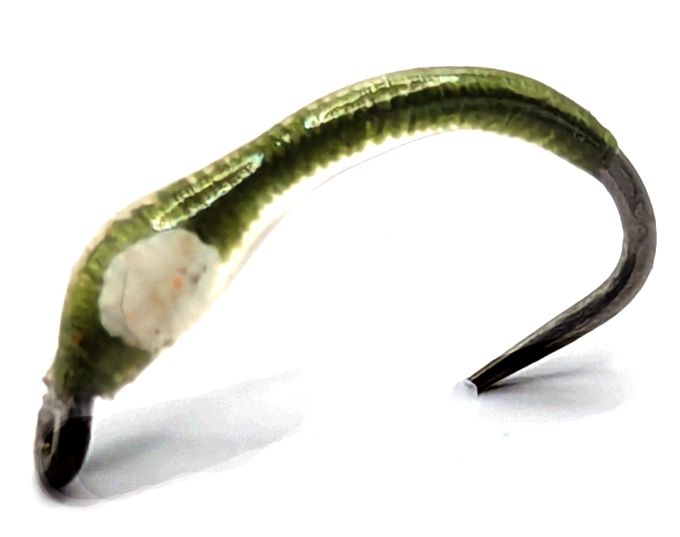 10 X .BUZZER -OLIVE ,WHITE HOT SPOT .BARBLESS #14, GRUB HOOK [HS 36]