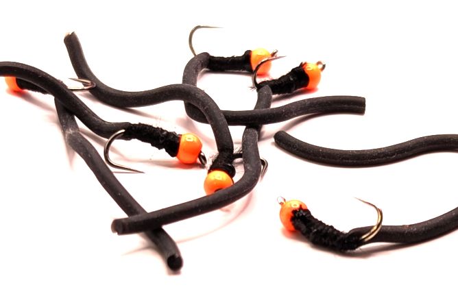 Squirmy Wormy ,black with orange head, barbless #12 BL102