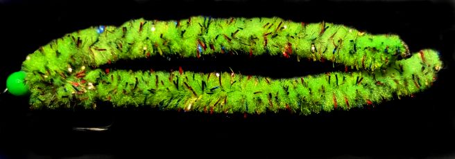 Shimmy worm , mosaic chartreuse /Green bead #10 barbless  SHIM42B