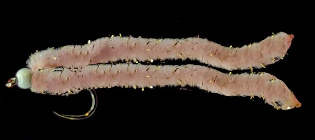 Shimmy worm Baby Pink / White bead GF4.#10 barbless A1 Trout Flies shim38