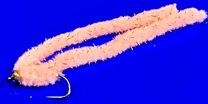 Shimmy worm Flesh /Gold bead GF4 .#10 barbless A1 Trout Flies shim40