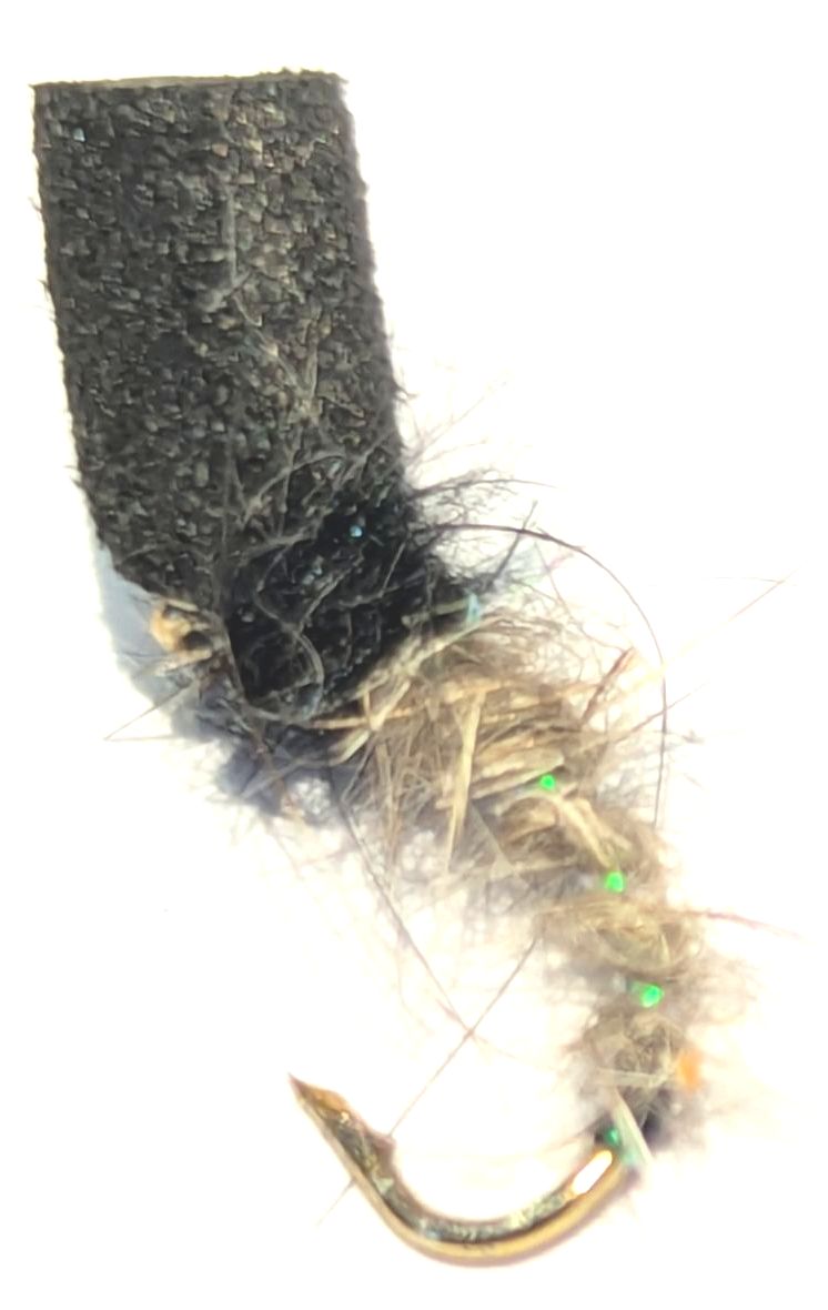 Buzzer- hares ear suspender,green rib  #12 barbed  grub hooks FB50