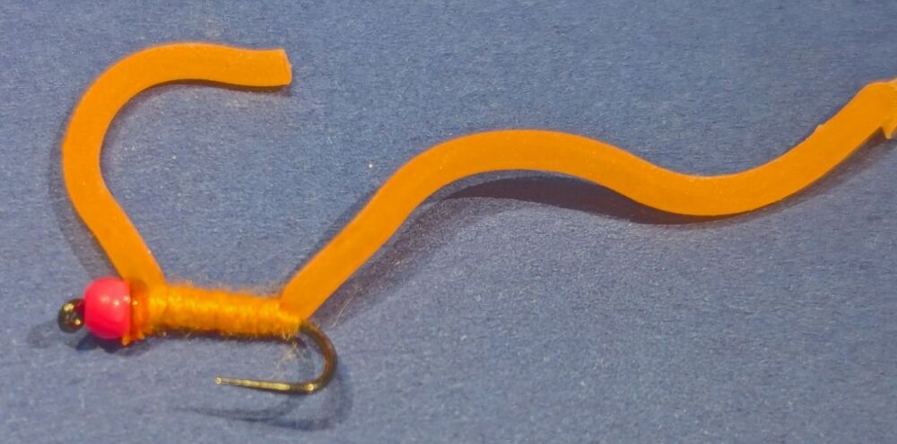 Squirmy Wormy ,orange with pink head, barbless ,twin tailed BL 138