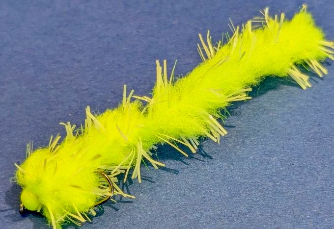 Eggstasy worm, Buggy flu yellow/ yellow Bead # 10 barbless Trout flies EW34