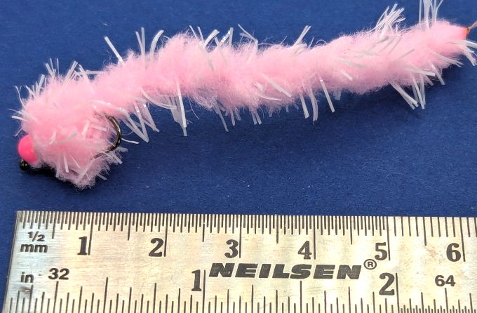 Eggstasy worm, Buggy Baby Pink/ Pink Bead # 10 barbless Trout flies EW36