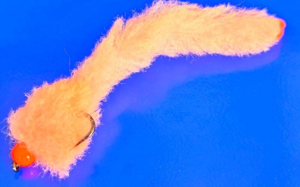 Eggstasy worm, FL Coral/ Orange Brass Bead  #10 barbless  EW38