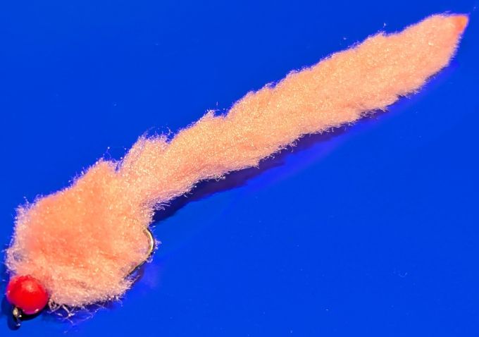 Eggstasy worm, FL Coral/FL Red Brass Bead  #10 barbless  EW42