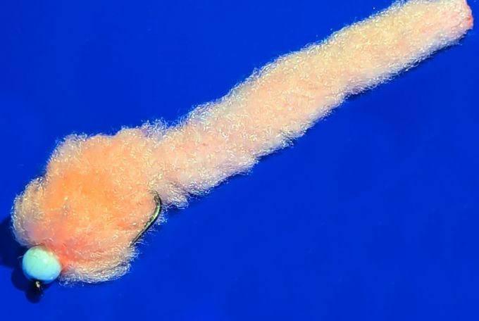 Eggstasy worm, FL Coral/White Brass Bead  #10 barbless  EW43