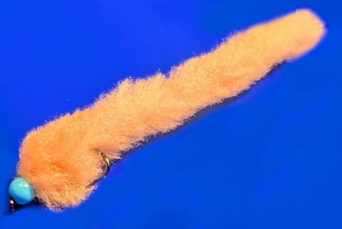 Eggstasy worm, FL Coral/Blue Brass Bead  #10 barbless  EW37