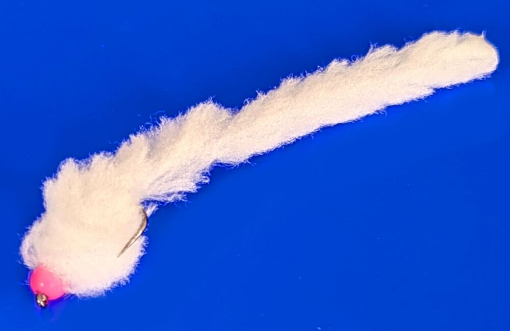 Eggstasy worm, White /Pink Brass Bead  #10 barbless  EW32