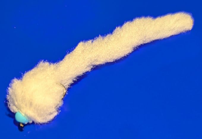 Eggstasy worm, White /Blue Brass Bead  #10 barbless  EW36
