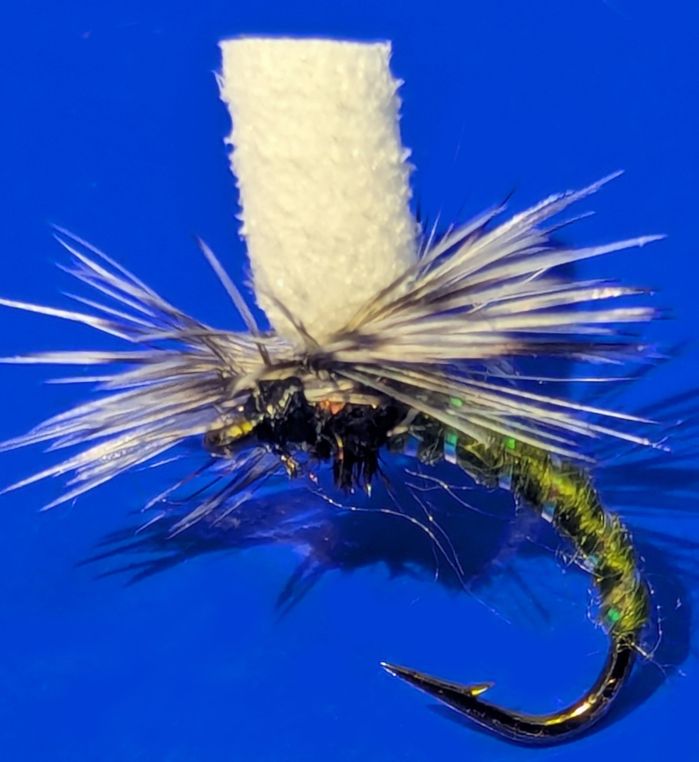 Klinkhammer Olive Pearl grizzle. White foam post size 14 barbed CP38
