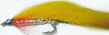zonker - Golden olive with silver Mylar body and red throat hackle /Z 30 