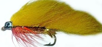 zonker -Golden olive with Gold Mylar body and red throat hackle /Z 33 