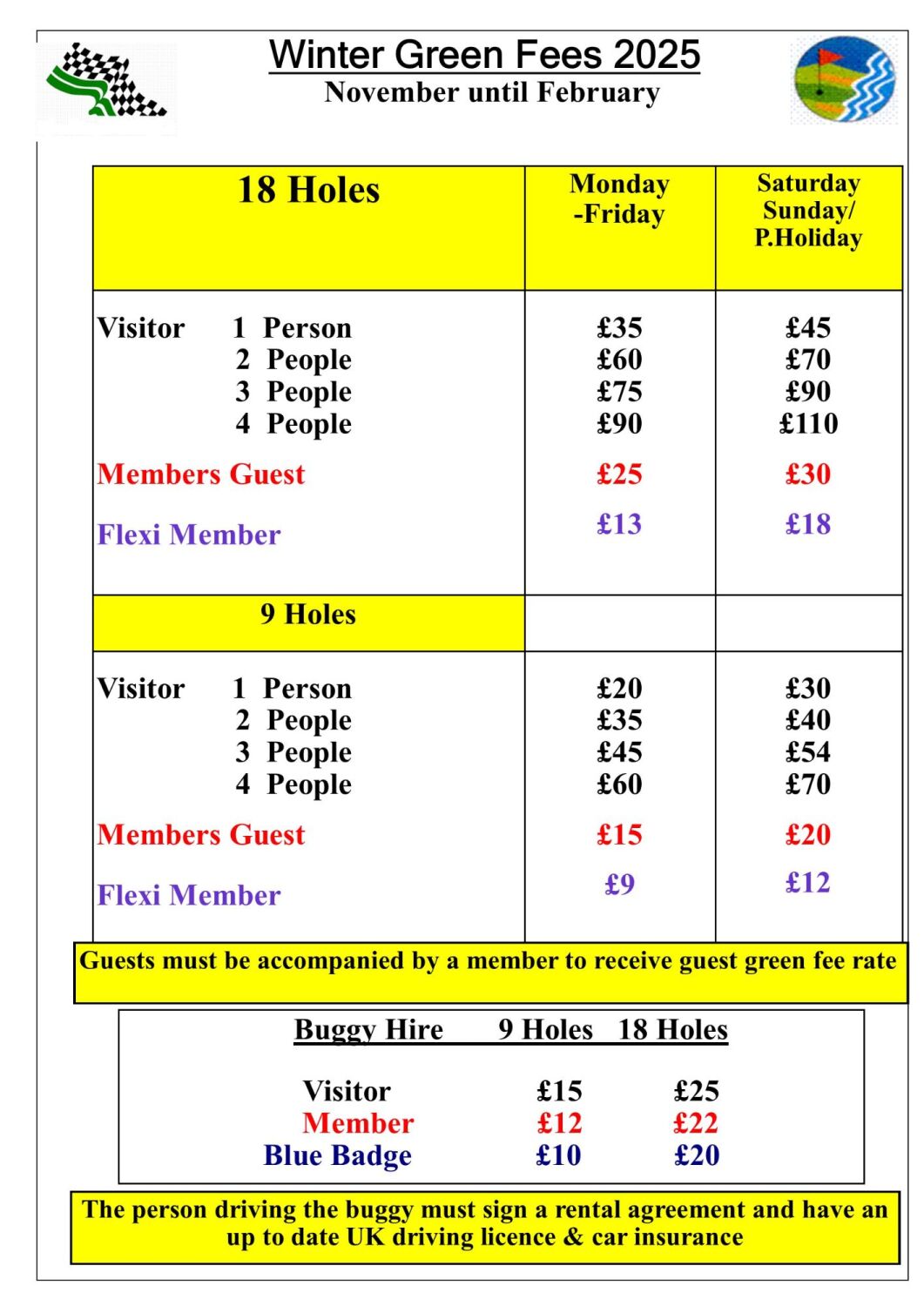 Green Fees Winter 2025 as at 12th November 2025