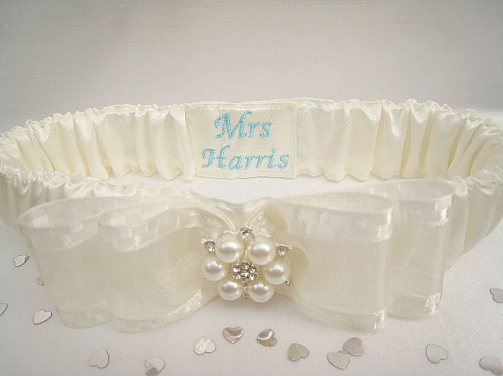 Personalised Garter - Tiffany Blue Embroidery 