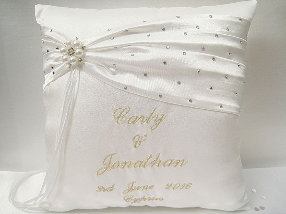 Personalised Wedding Ring Cushion, Embroidered With Bride & Grooms Names.