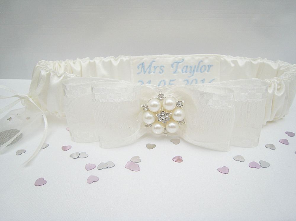 Ivory Wedding Garter Personalised, Silver Sixpence Stitched To The Side
