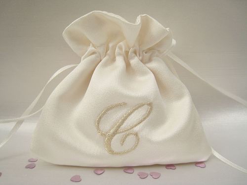 Wedding Ring Bags With Bride & Grooms Initials, made from duchess satin