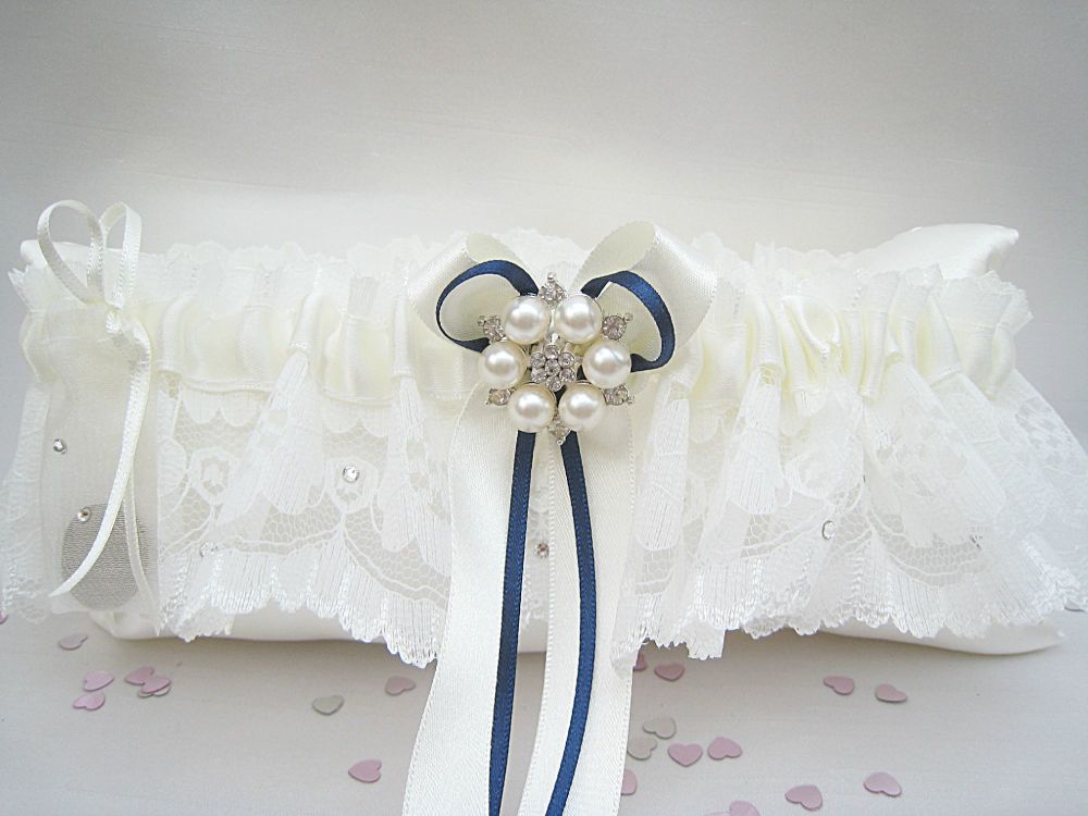 Bailey Ivory Or White With Navy Ribbon Wedding Garter