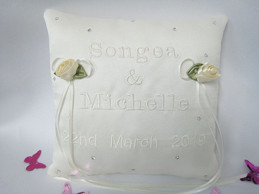Personalised Ring Cushion Embroidered With Bride & Grooms Name & Wedding Da