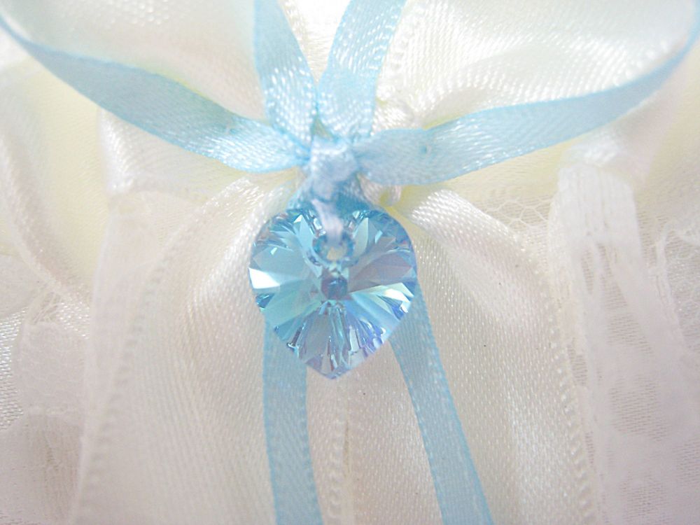 Swarovski Blue Heart, Stitched On The Front Of Lace Garter