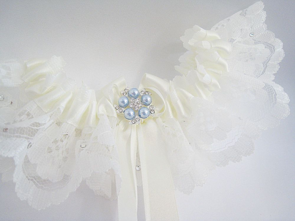 Blue Pearl Wedding Garter, Add Embroidered Names & Wedding Date