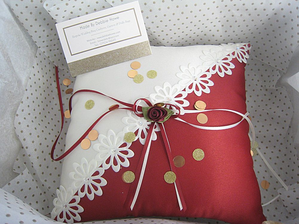 Red & Ivory Wedding Ring Cushion, Bespoke Ring Bearer Pillow UK