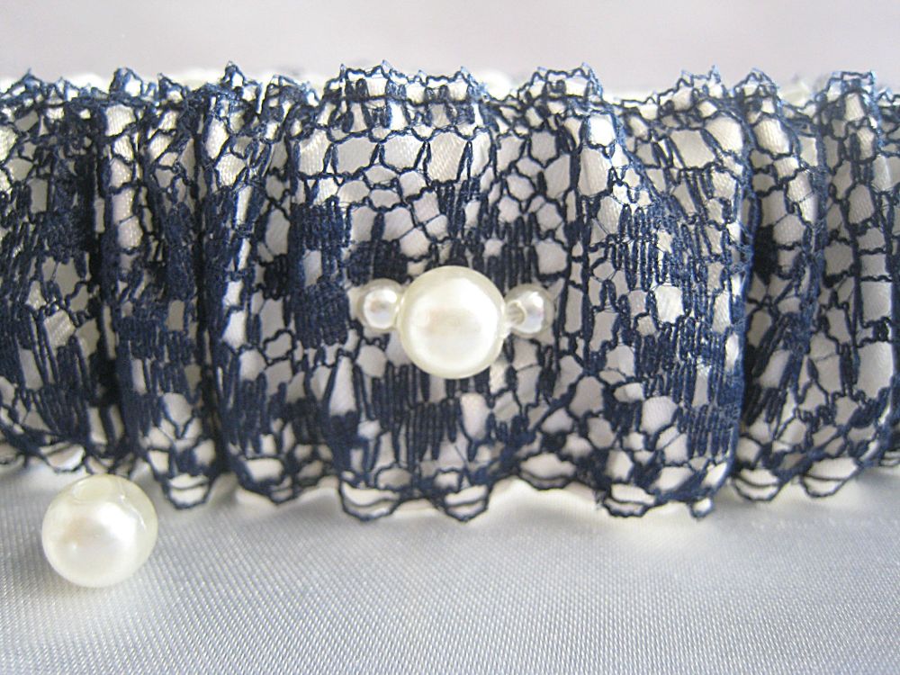 'Anne' Navy Lace Overlay Wedding Garter, Can Also Be Personalised
