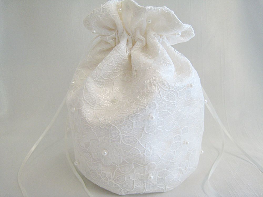 Bride Or Bridesmaid Lace Dolly Bag Pearls, Ivory Or White Bridal Bags