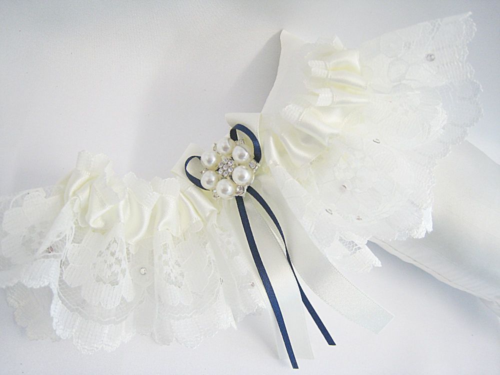 Navy Wedding Garter With Silver Sixpence Stitched On The Side Of The Garter