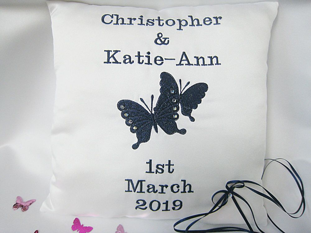 Butterfly Personalised Wedding Ring Cushion With Crystals ANY COLOUR