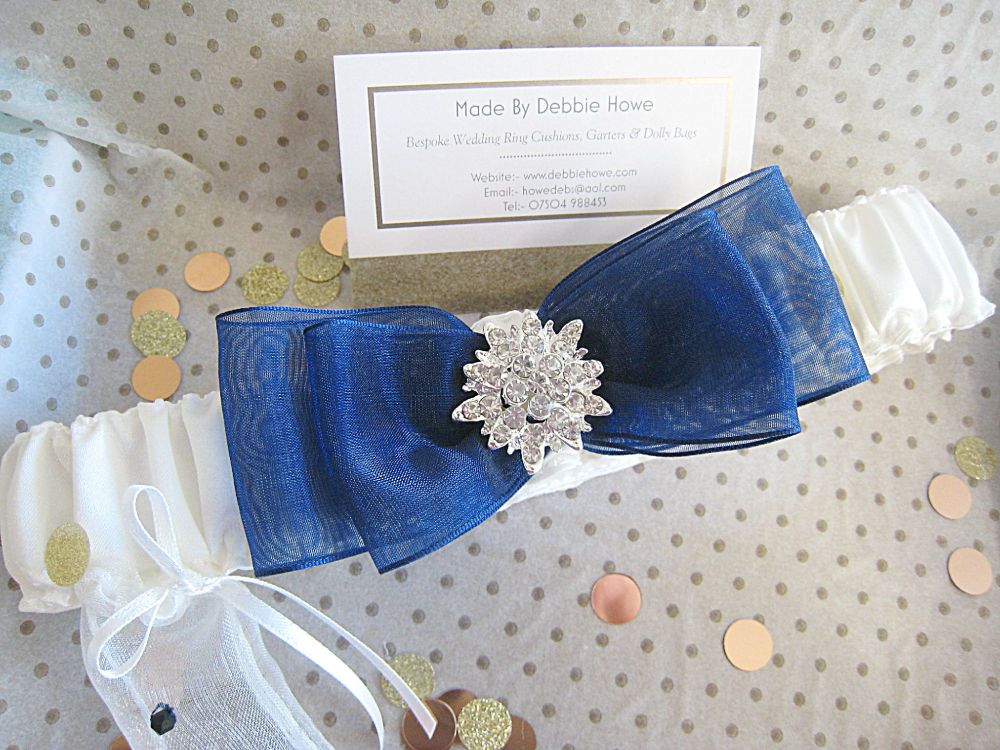 Personalised Garter, With Navy Blue Organza Bow & Embroidery Inside.