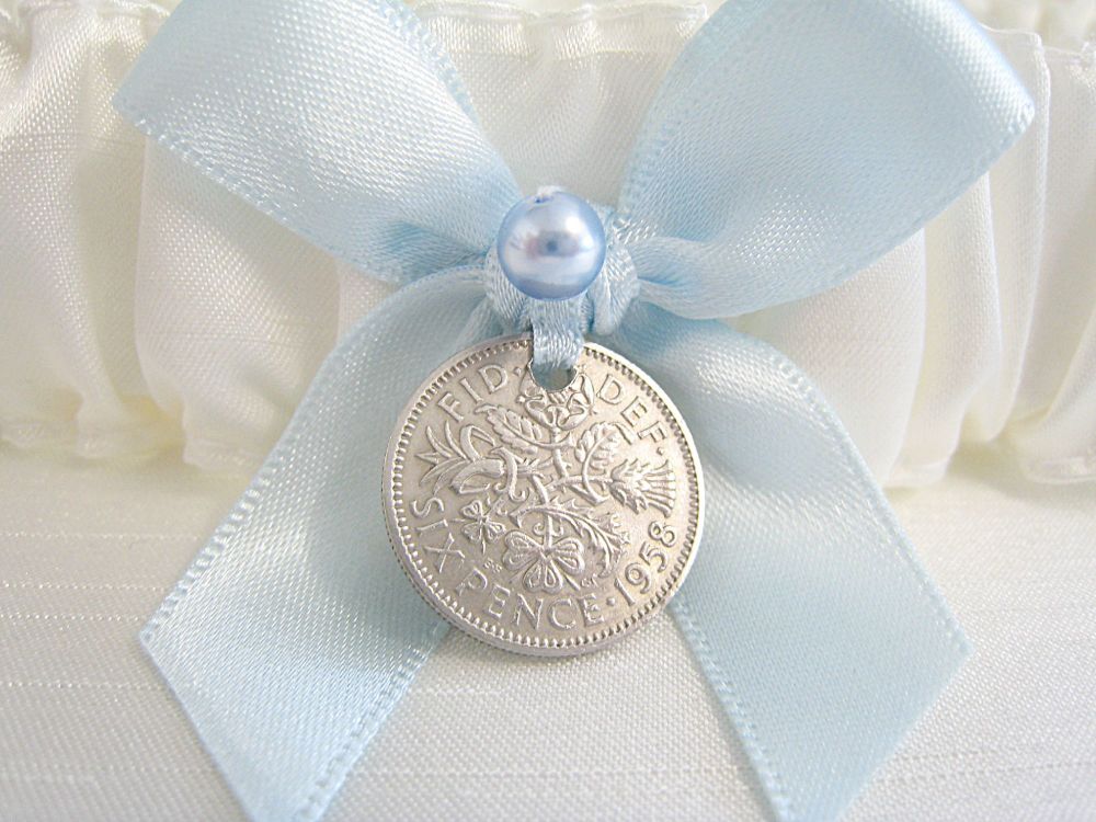 'Vicky' Sixpence Wedding garter, Something Blue Bridal Garter