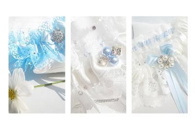 3 different blue wedding Garters which are all different designs.
